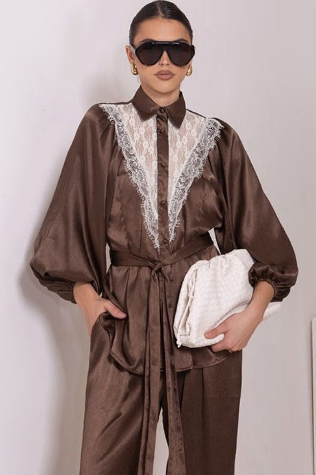 Paris Lace Insert Shirt Chocolate
