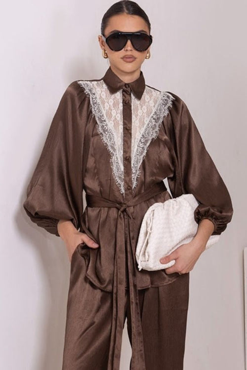 Paris Lace Insert Shirt Chocolate